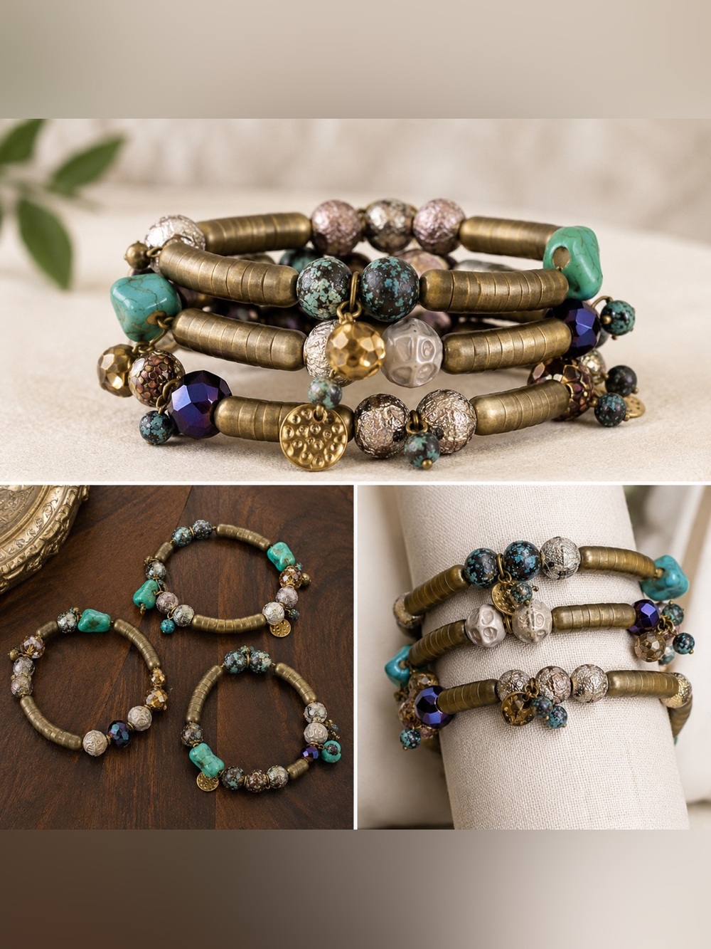 CATO Set of three stretch bracelets w/gold tone. Turquoise. Silver look beads